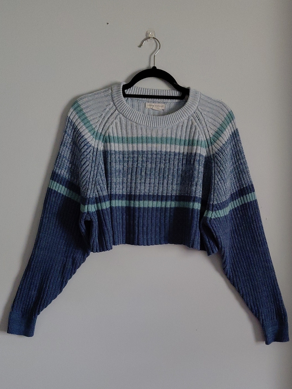 Aeropostale Blue Cropped Boxy Striped Sweater Relaxed Slouchy Cotton Colorblock